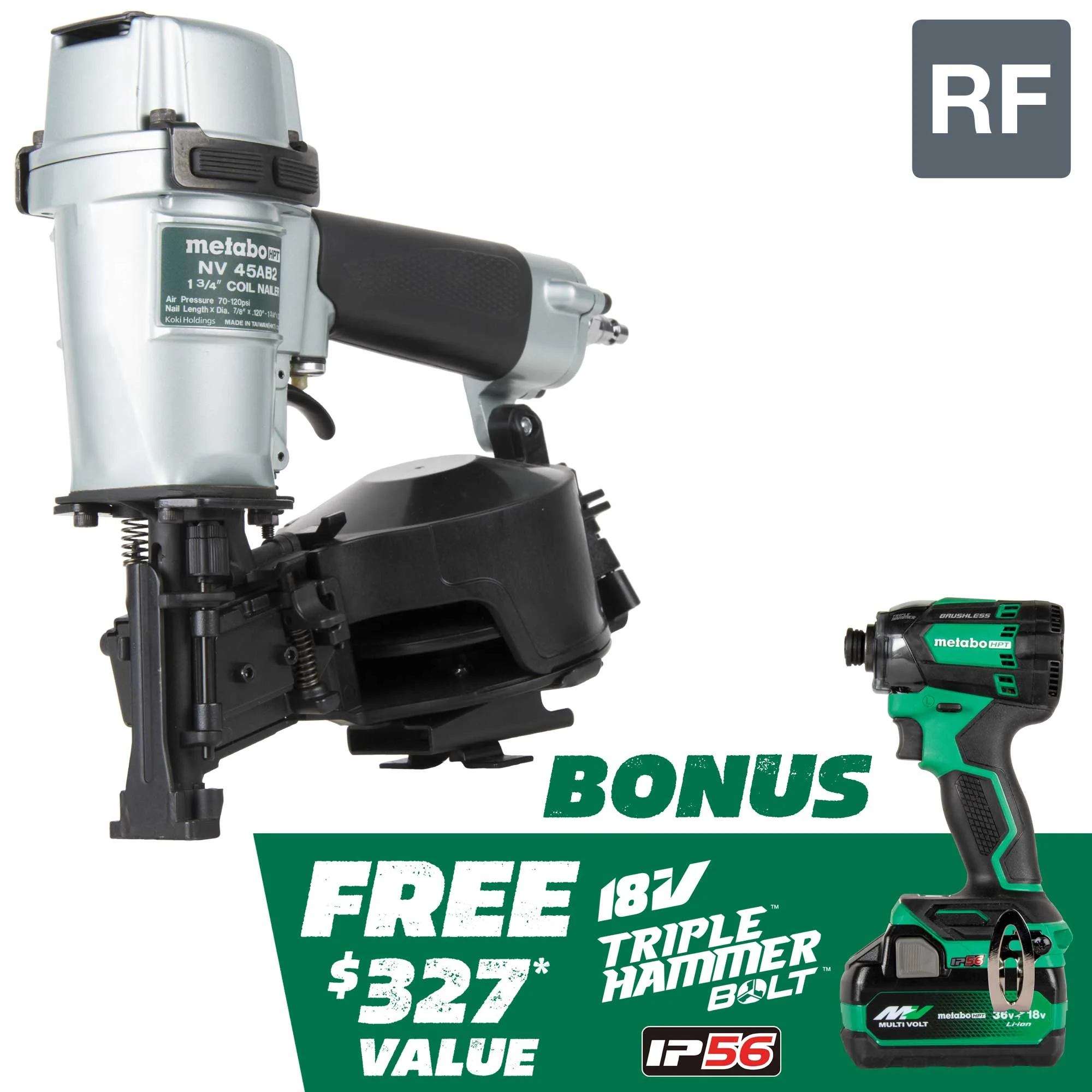 Metabo Pro Bundle 1-3/4 Inch Coil Roofing Nailer with BONUS Impact Driver Kit
