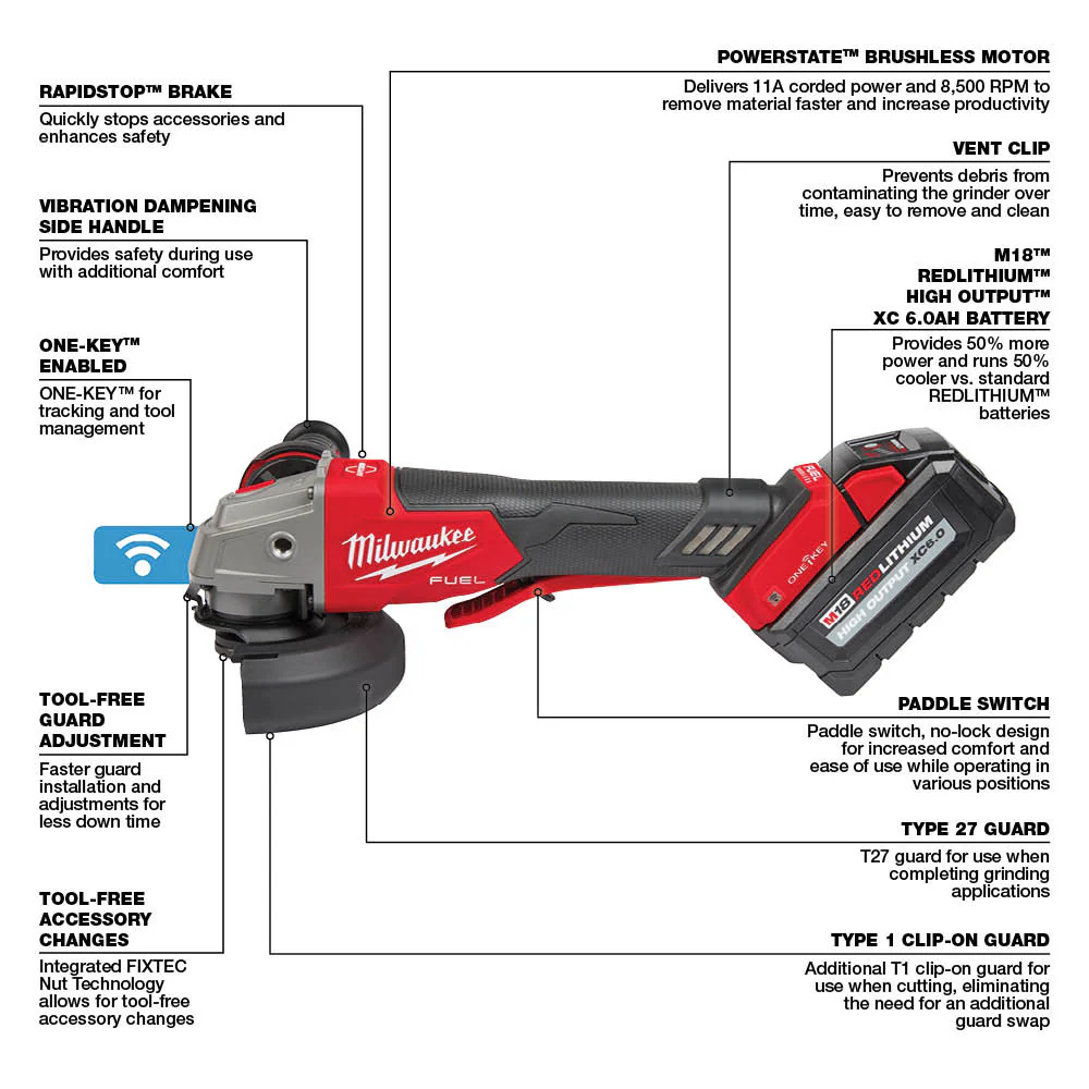 Milwaukee M18 FUEL  5" Braking Grinder w/ ONE-KEY Paddle Switch, No Lock - Image 4