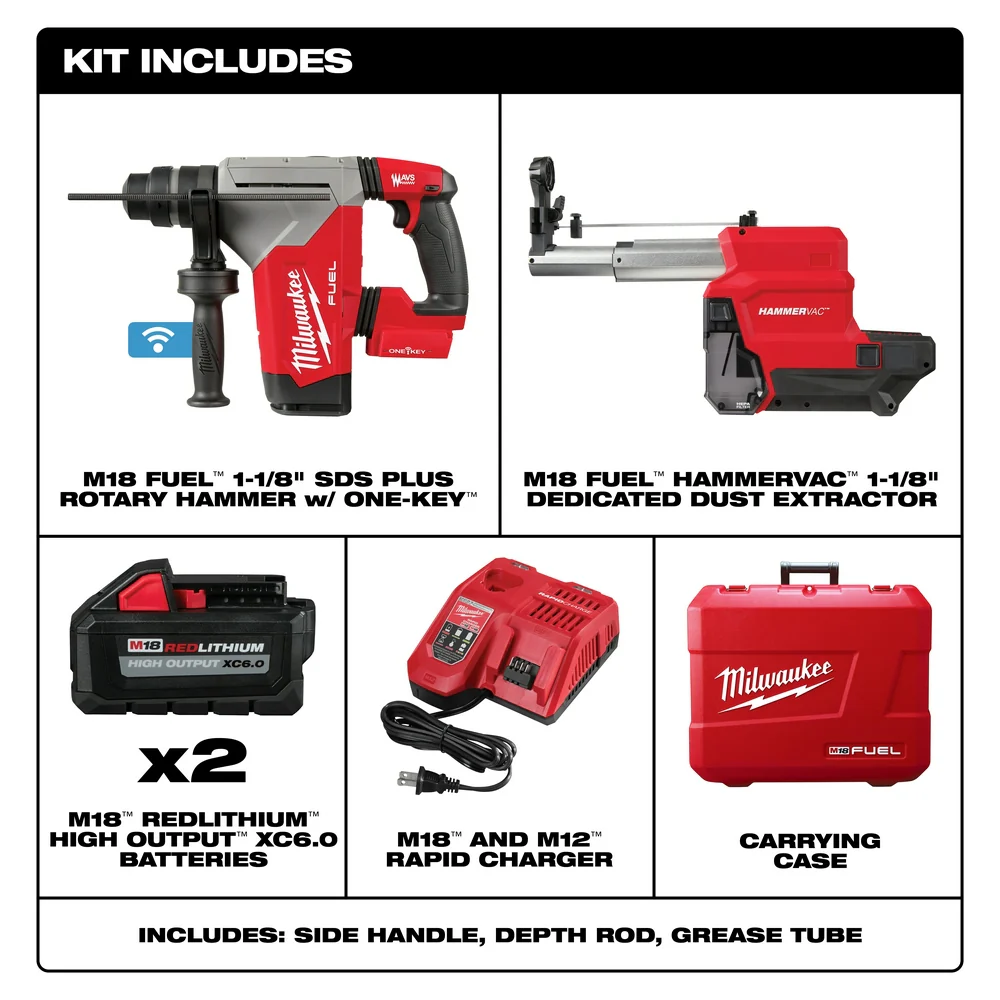 Milwaukee M18 FUEL 1-1/8" SDS Plus Rotary Hammer w/ ONE-KEY & HAMMERVAC Dedicated Dust Extractor Kit - Image 2