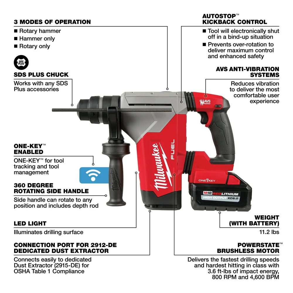 Milwaukee M18 FUEL 1-1/8" SDS Plus Rotary Hammer w/ ONE-KEY & HAMMERVAC Dedicated Dust Extractor Kit - Image 7
