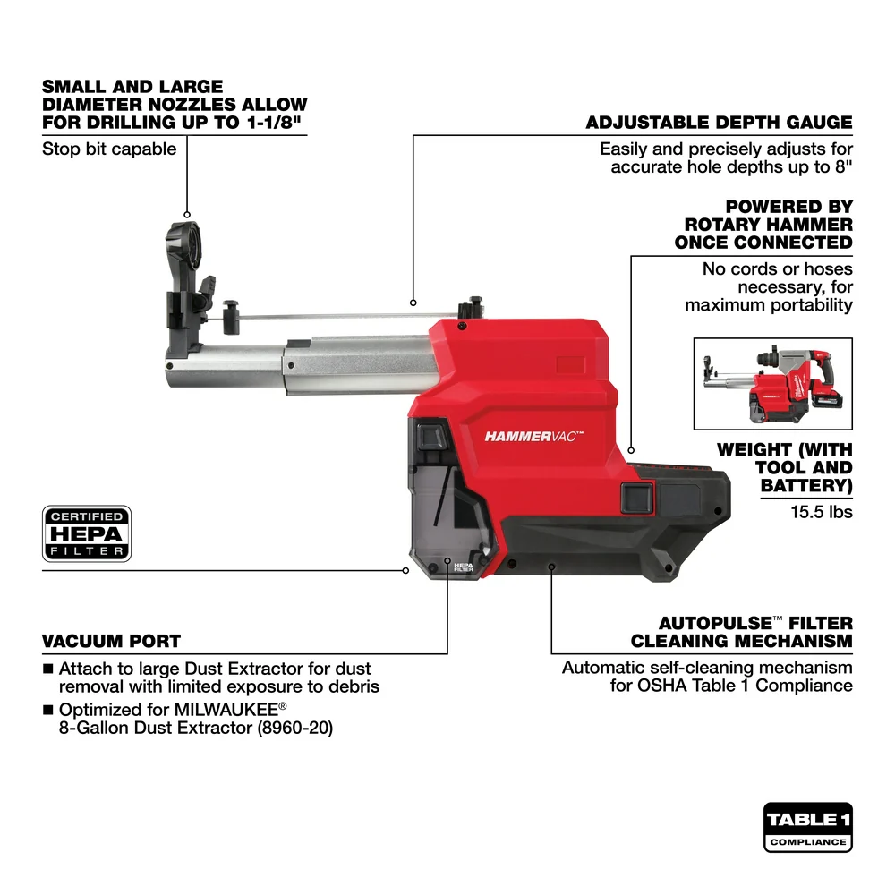 Milwaukee M18 FUEL 1-1/8" SDS Plus Rotary Hammer w/ ONE-KEY & HAMMERVAC Dedicated Dust Extractor Kit - Image 8