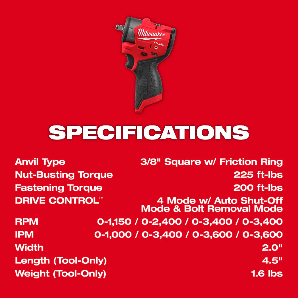 Milwaukee M12 FUEL 3/8" Subcompact Impact Wrench w/ Friction Ring - Tool Only - Image 7