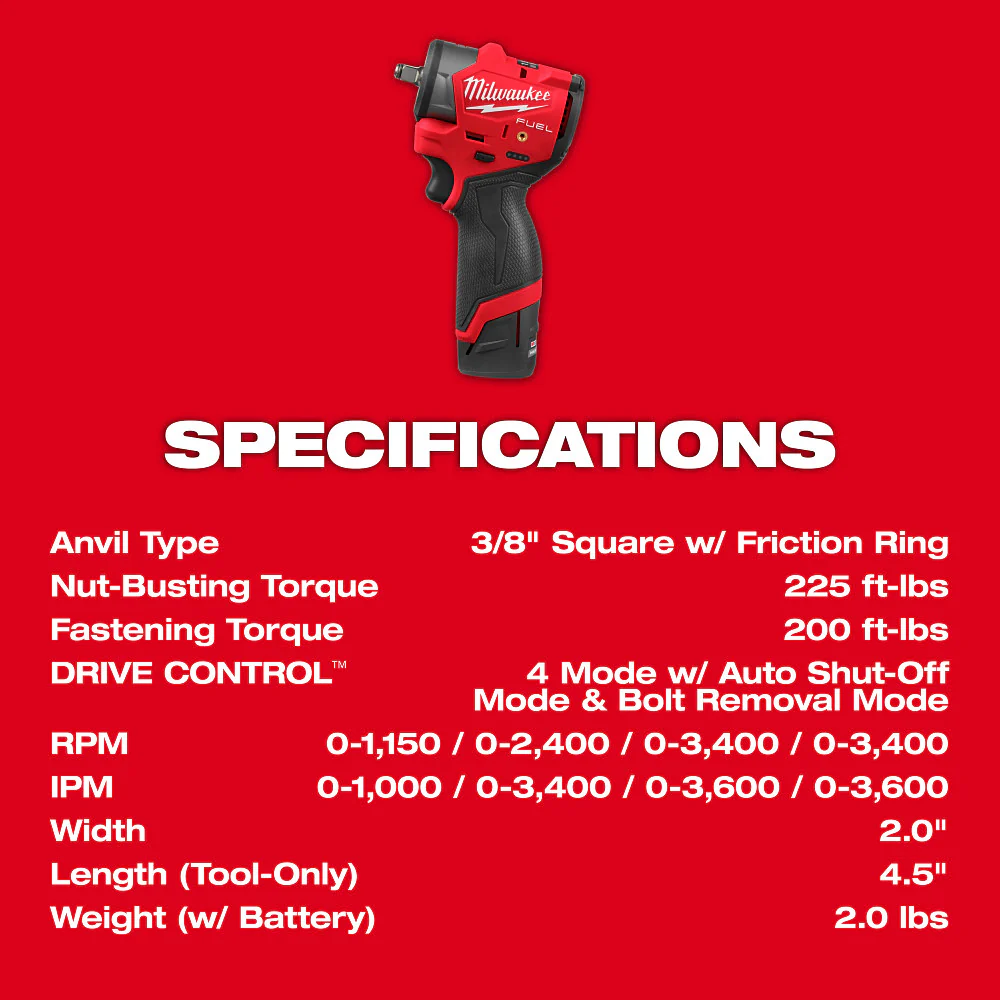 Milwaukee M12 FUEL 3/8" Subcompact Impact Wrench w/ Friction Ring Kit - Image 8