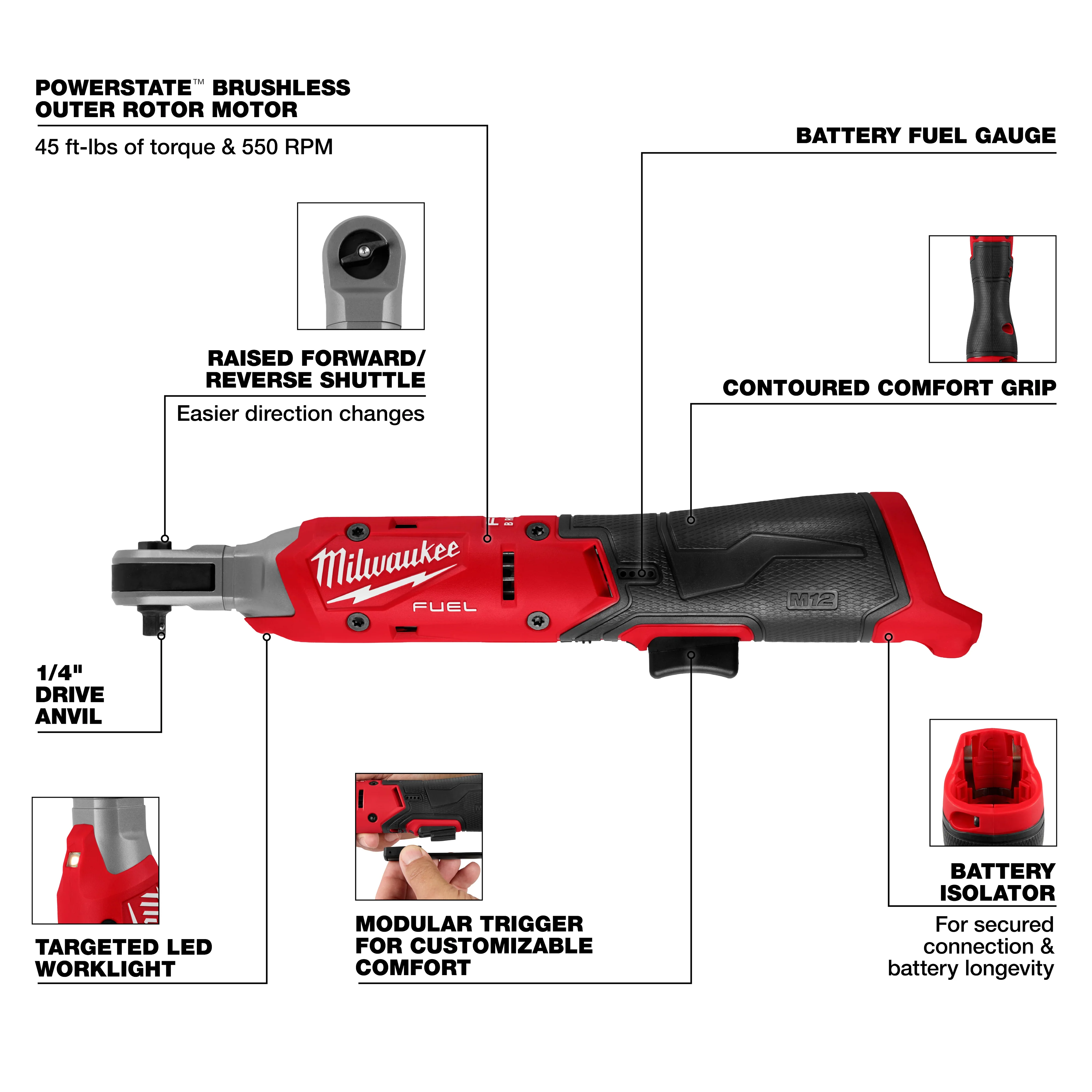 Milwaukee M12 FUEL 1/4" Ratchet - Tool Only - Image 4