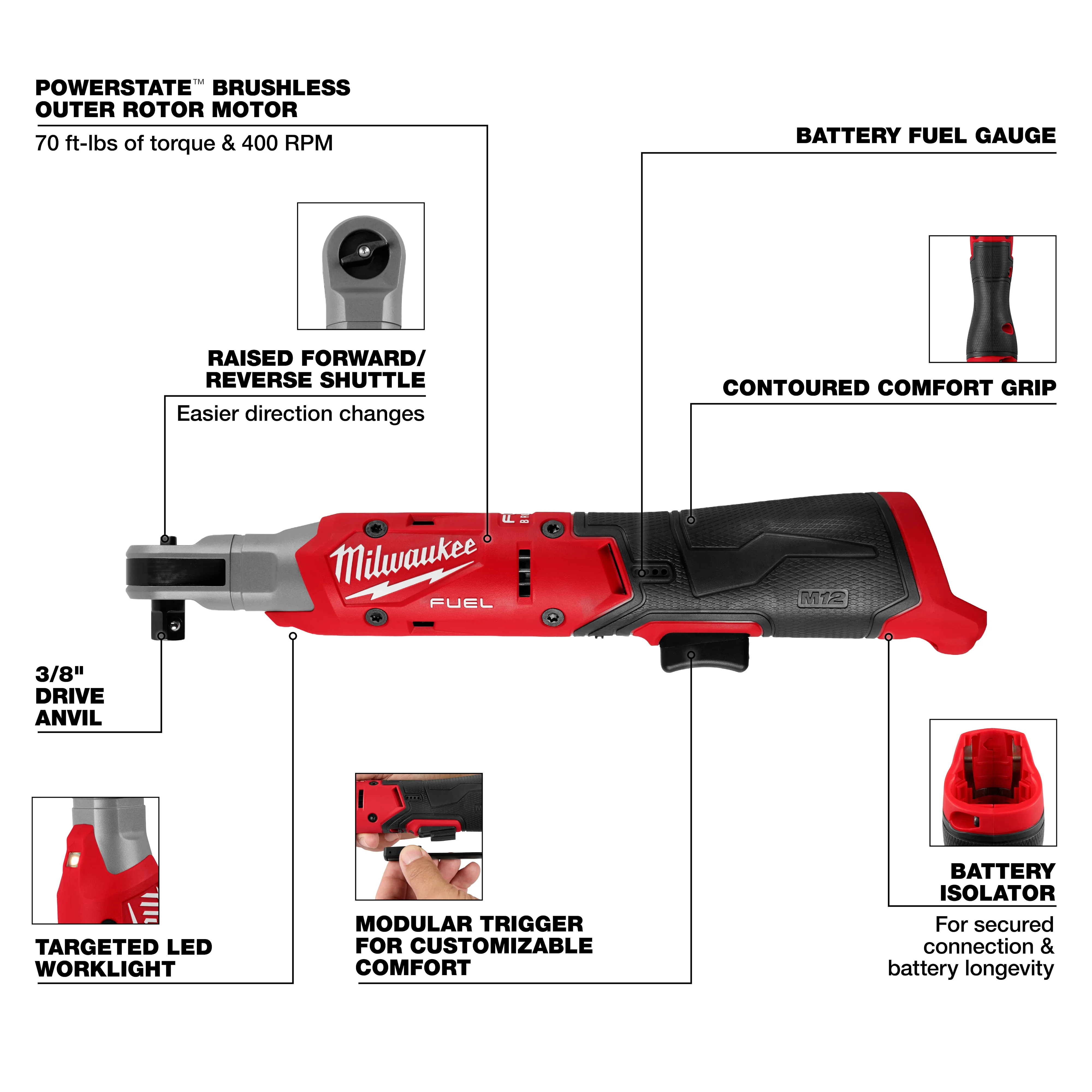 Milwaukee M12 FUEL 3/8" Ratchet - Tool Only - Image 4