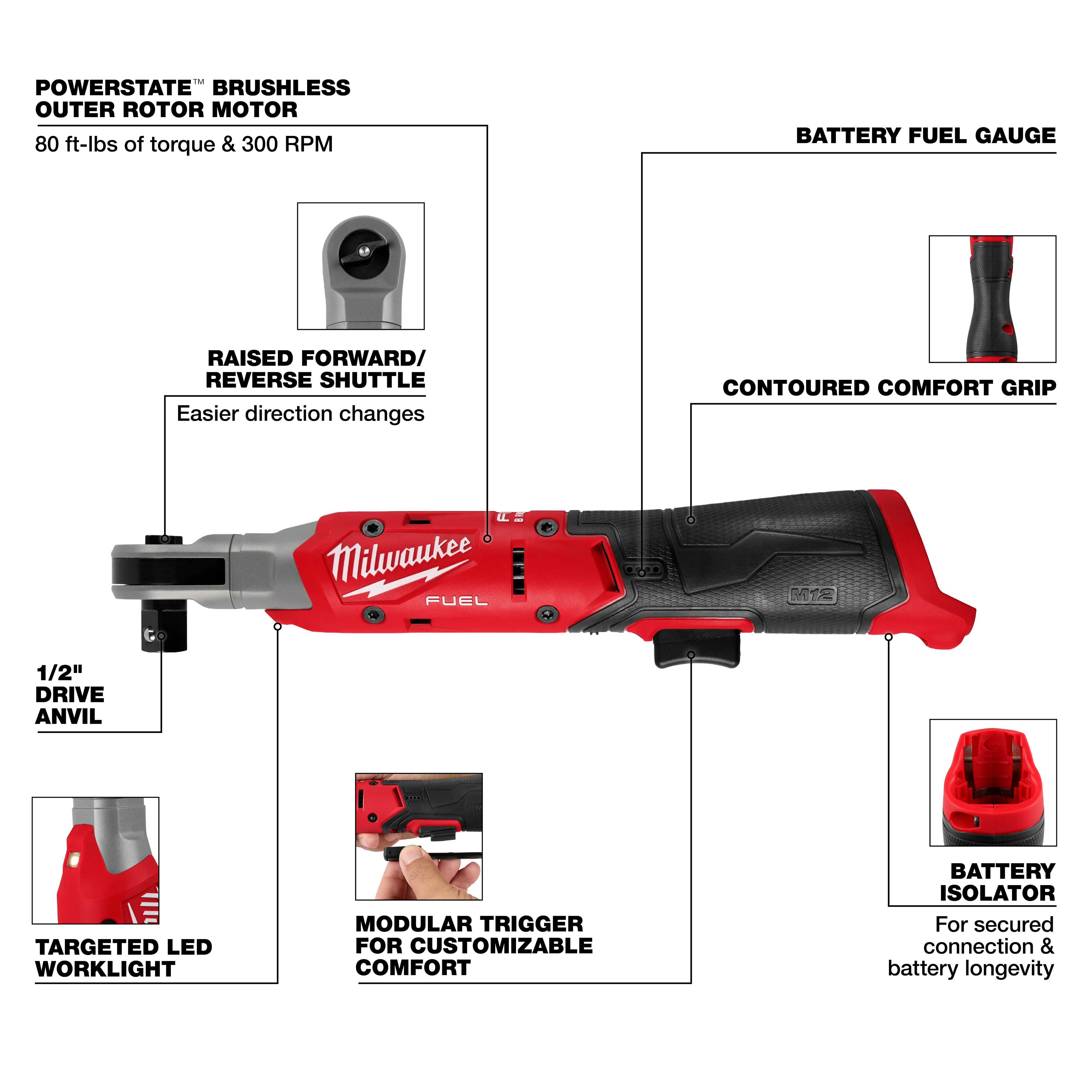 Milwaukee M12 FUEL 1/2" Ratchet - Tool Only - Image 4