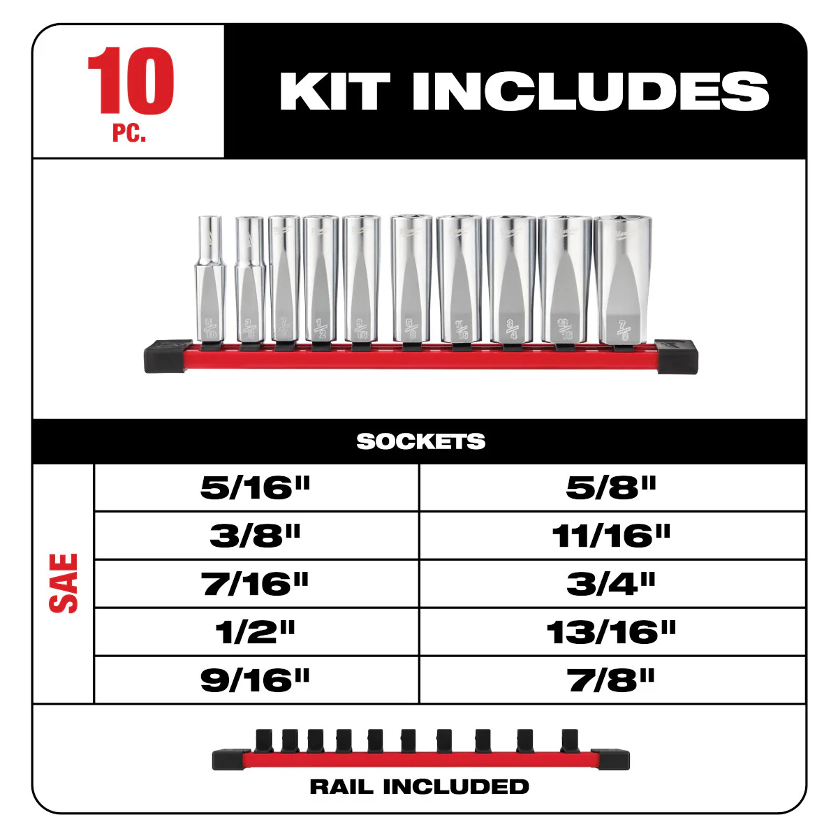 Milwaukee 10 pc. 3/8" SAE Deep Well Sockets w/ FOUR FLAT Sides - Image 6