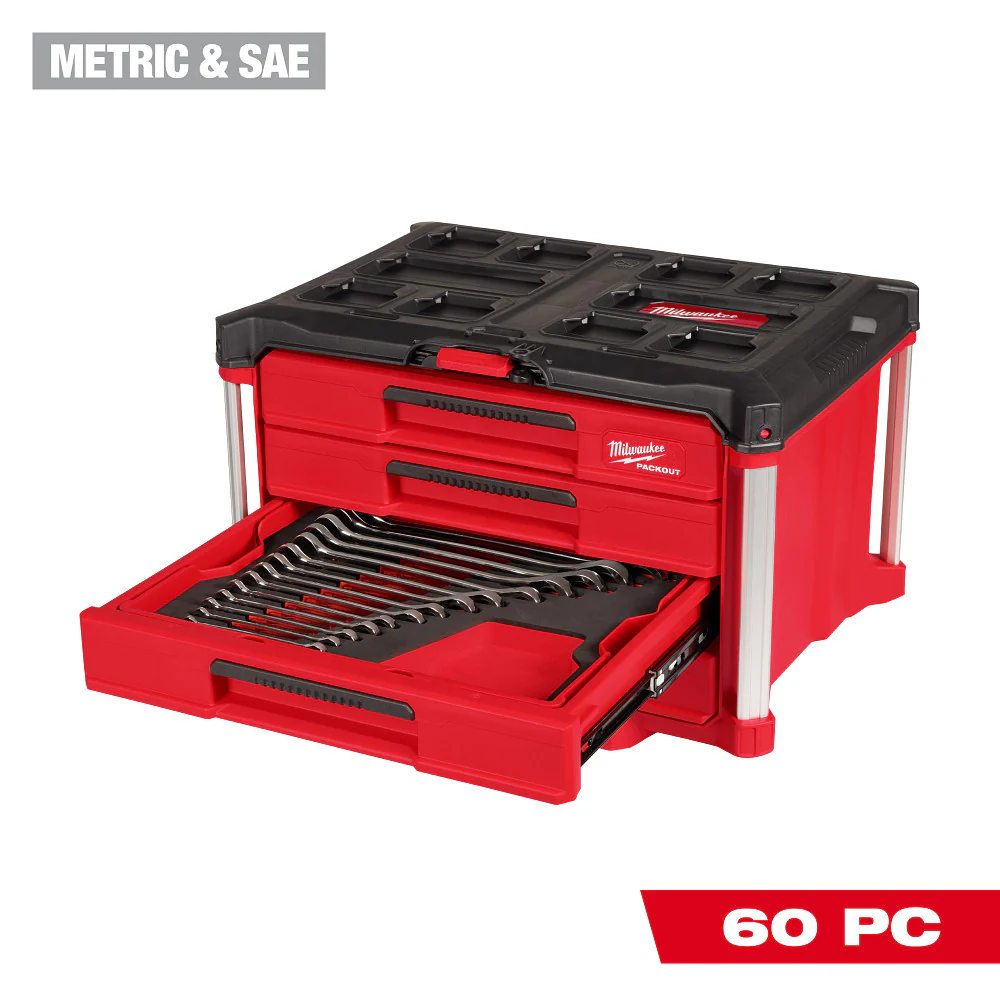 Millwaukee 60 pc. Metric & SAE Wrench Set w/ PACKOUT 4-Drawer Toolbox - Image 2