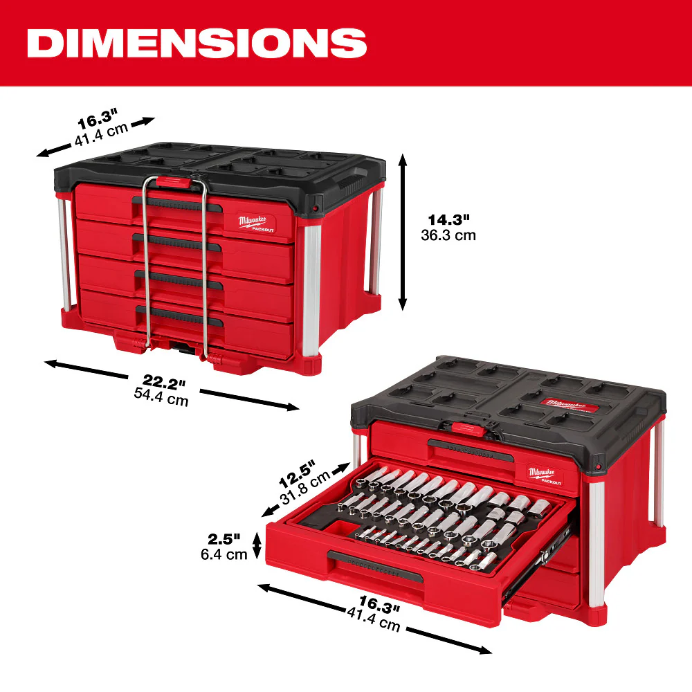 Millwaukee 60 pc. Metric & SAE Wrench Set w/ PACKOUT 4-Drawer Toolbox - Image 5