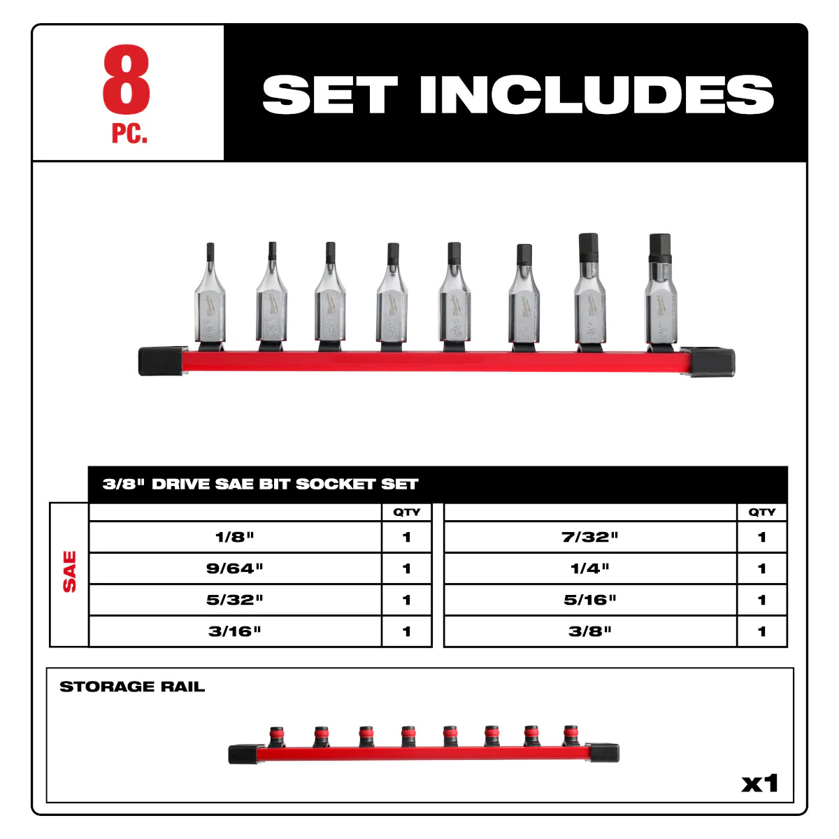 Milwaukee 8 pc. 3/8" Drive Hex Bit Socket Set - SAE - Image 3