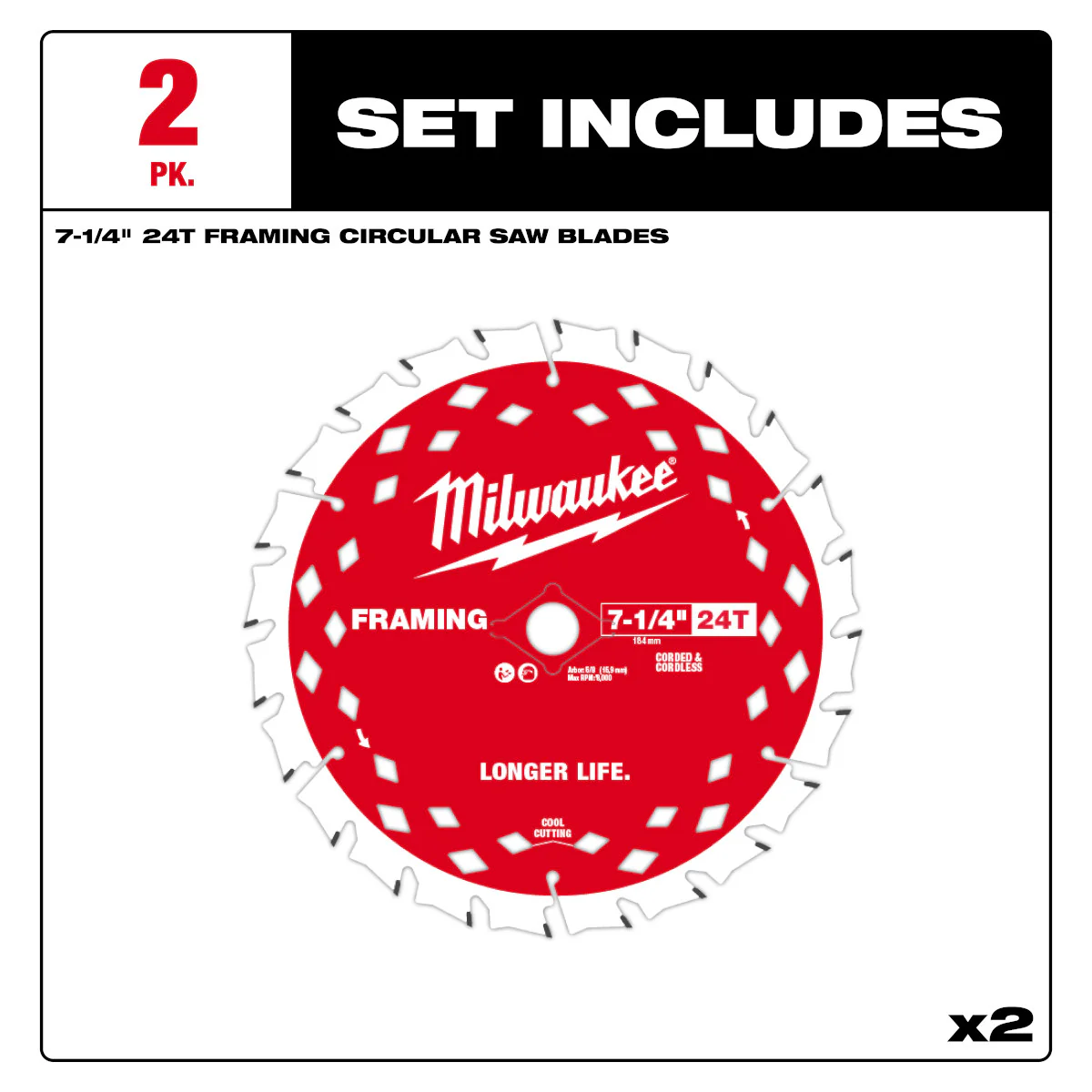 Milwaukee 2PK 7-1/4" x 24T Framing Circular Saw Blade - Image 3