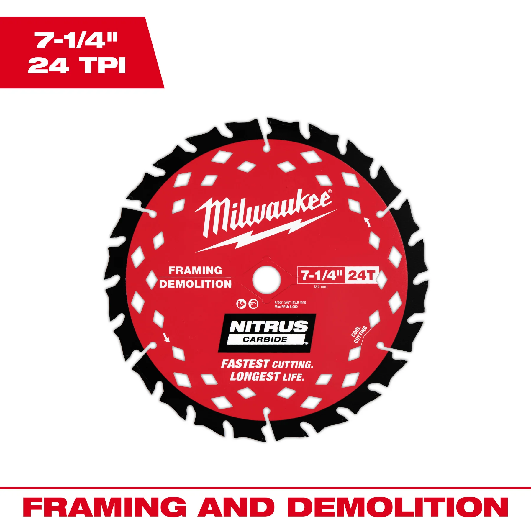 Milwaukee 7-1/4” x 24T NITRUS Carbide Framing & Demolition Blade - Image 3