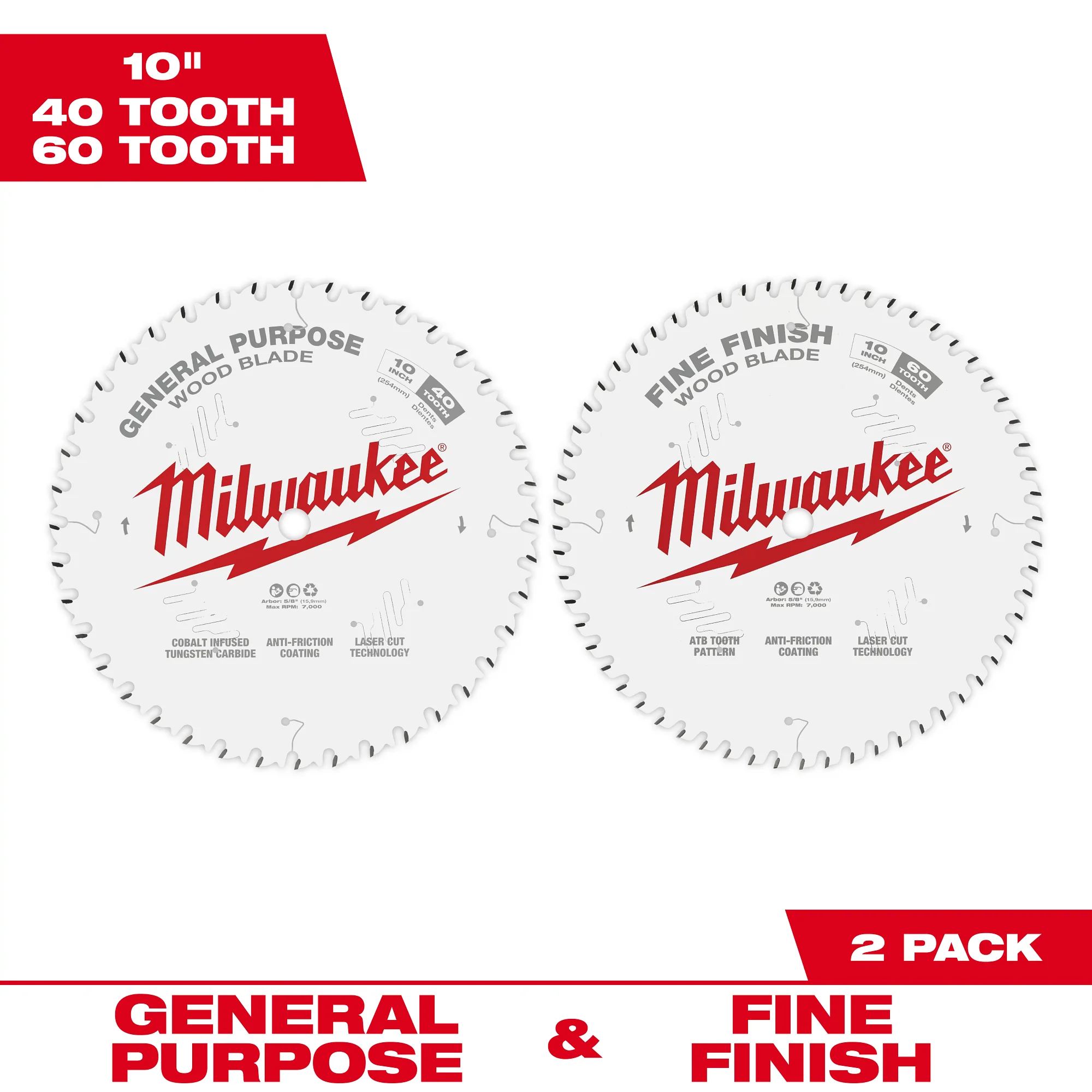 Milwaukee 2 pc. Circular Saw Wood Cutting Blades (10" 40T + 60T) - Image 2