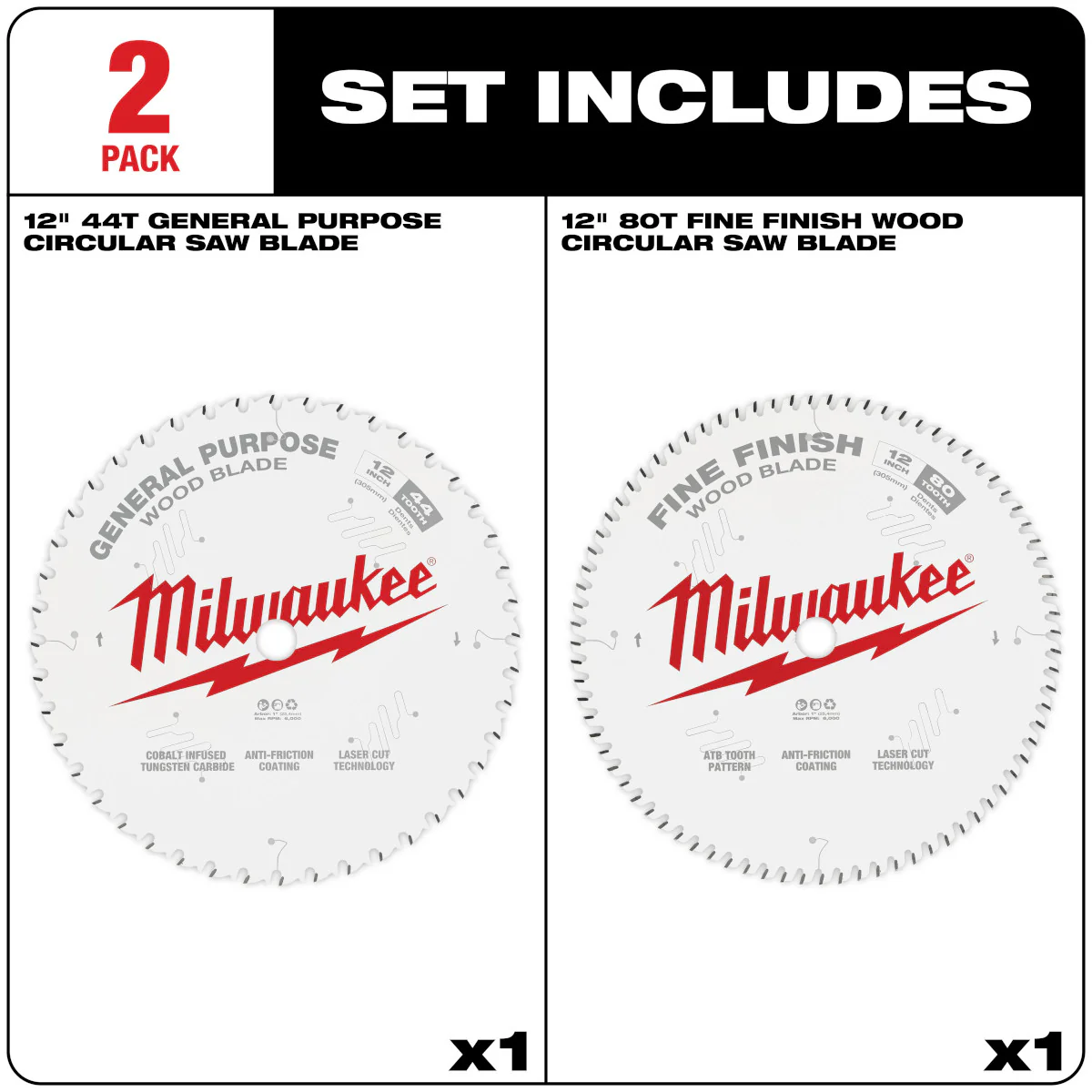 Milwaukee 2 pc. Circular Saw Wood Cutting Blades (12" 44T + 80T) - Image 4