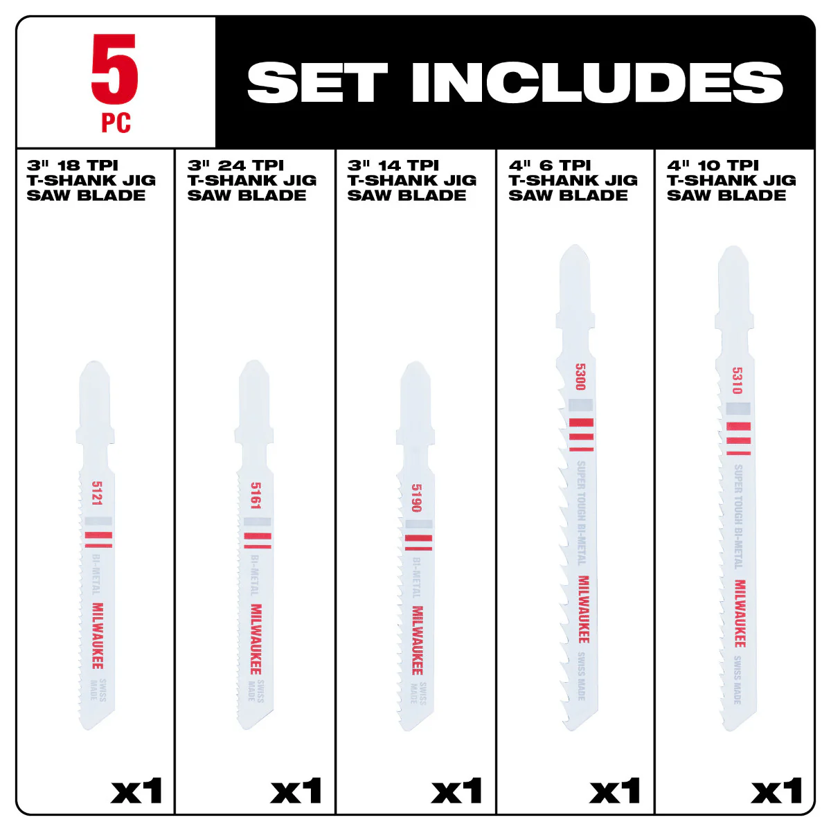 Milwaukee 5 pc. T-Shank Bi-Metal Jig Saw Blade Set - Image 3