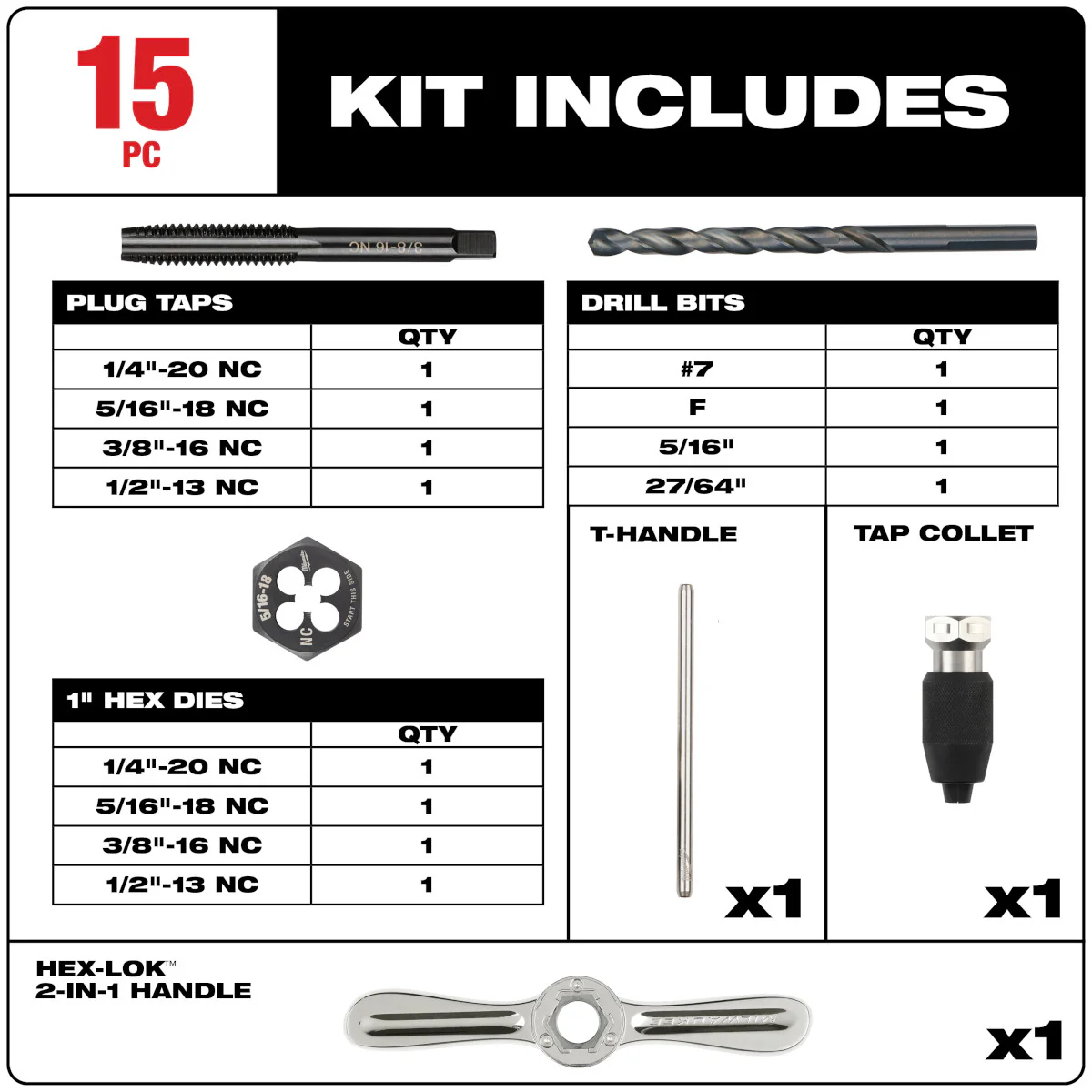 Milwaukee 15 pc. SAE Tap and Die Set w/ HEX-LOK 2-in-1 Handle - Image 3
