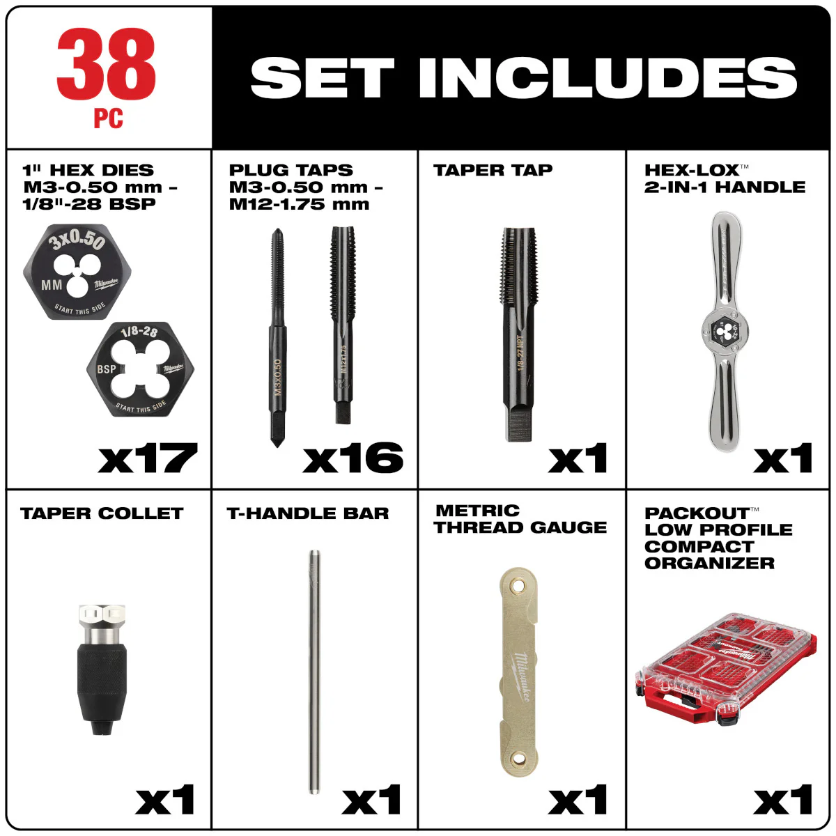 Milwaukee 38 pc. Metric Tap & Die PACKOUT Set w/ HEX-LOK 2-in-1 Handle - Image 3