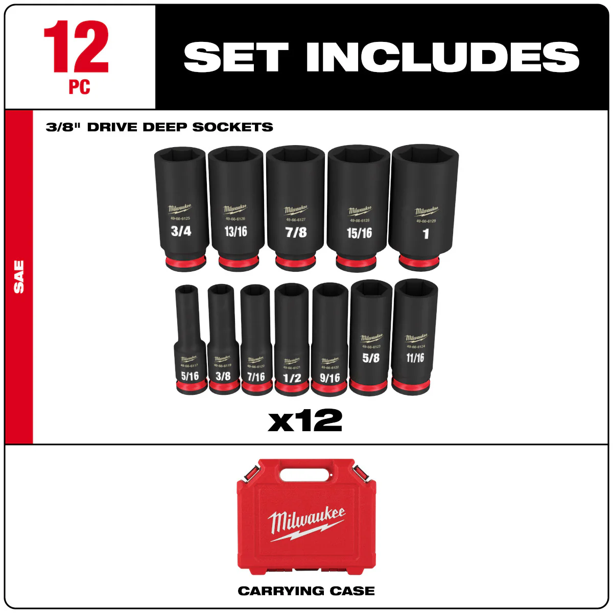 Milwaukee 12 pc. SHOCKWAVE Impact Duty 3/8" Drive SAE Deep 6 Point Socket Set - Image 3