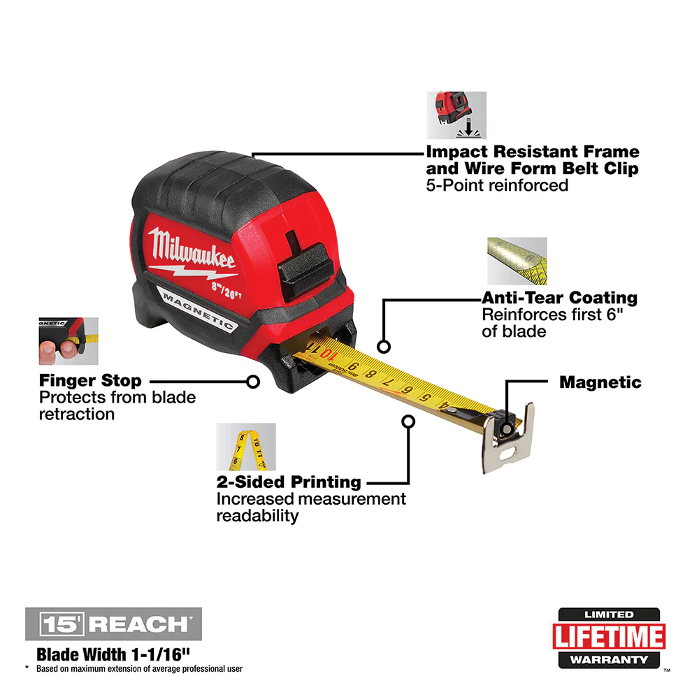 Milwaukee 2-Pack 26ft/8m Compact Magnetic Wide Blade Tape Measure - Image 3