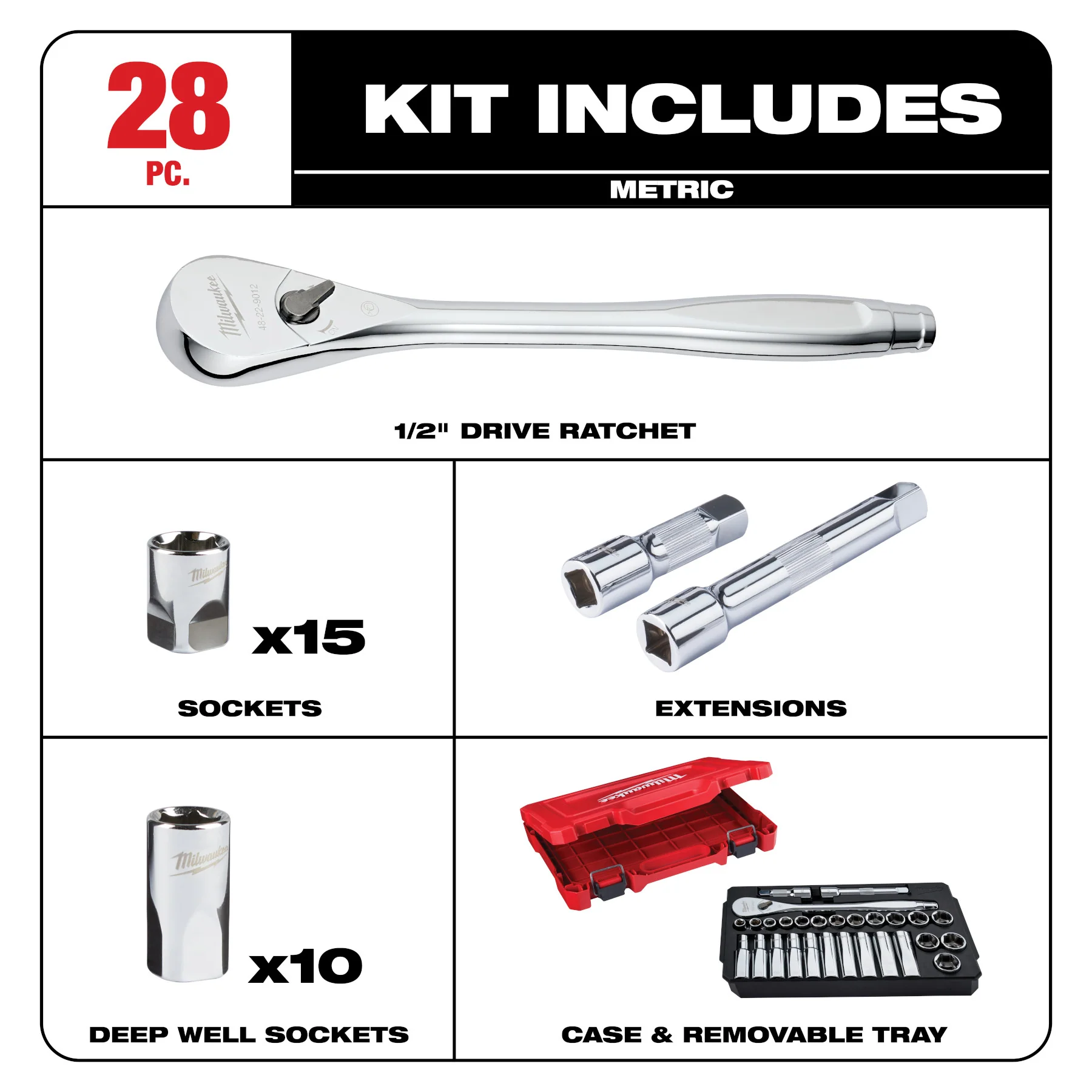 Milwaukee 28 pc. 1/2" Drive Ratchet & Socket Set - Metric - Image 6