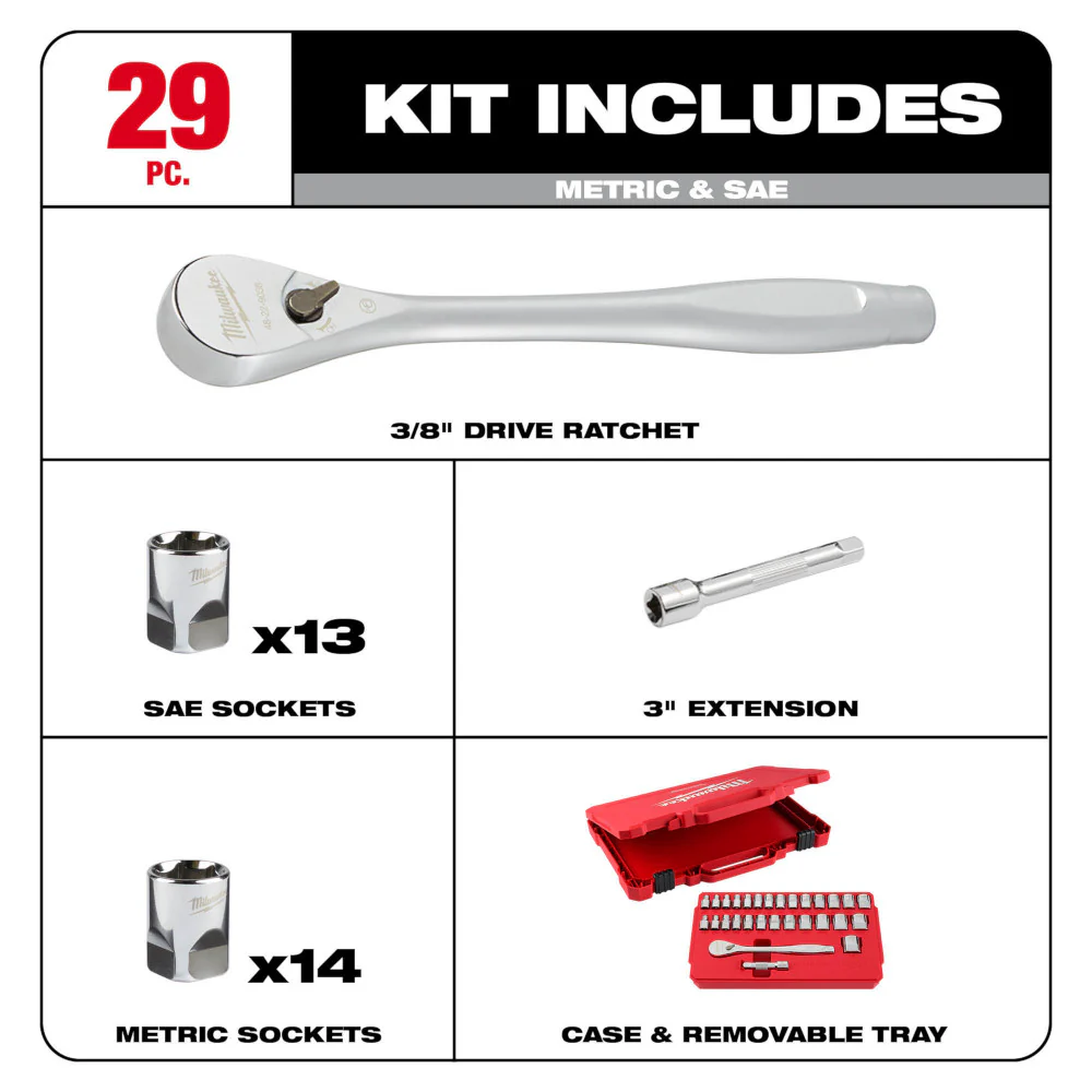 Milwaukee 29 pc. 3/8" Drive Ratchet and Socket Set - Metric & SAE - Image 2