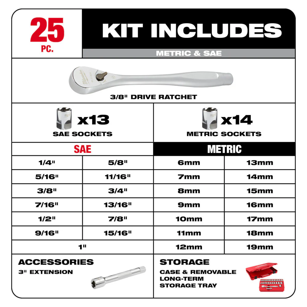 Milwaukee 29 pc. 3/8" Drive Ratchet and Socket Set - Metric & SAE - Image 5