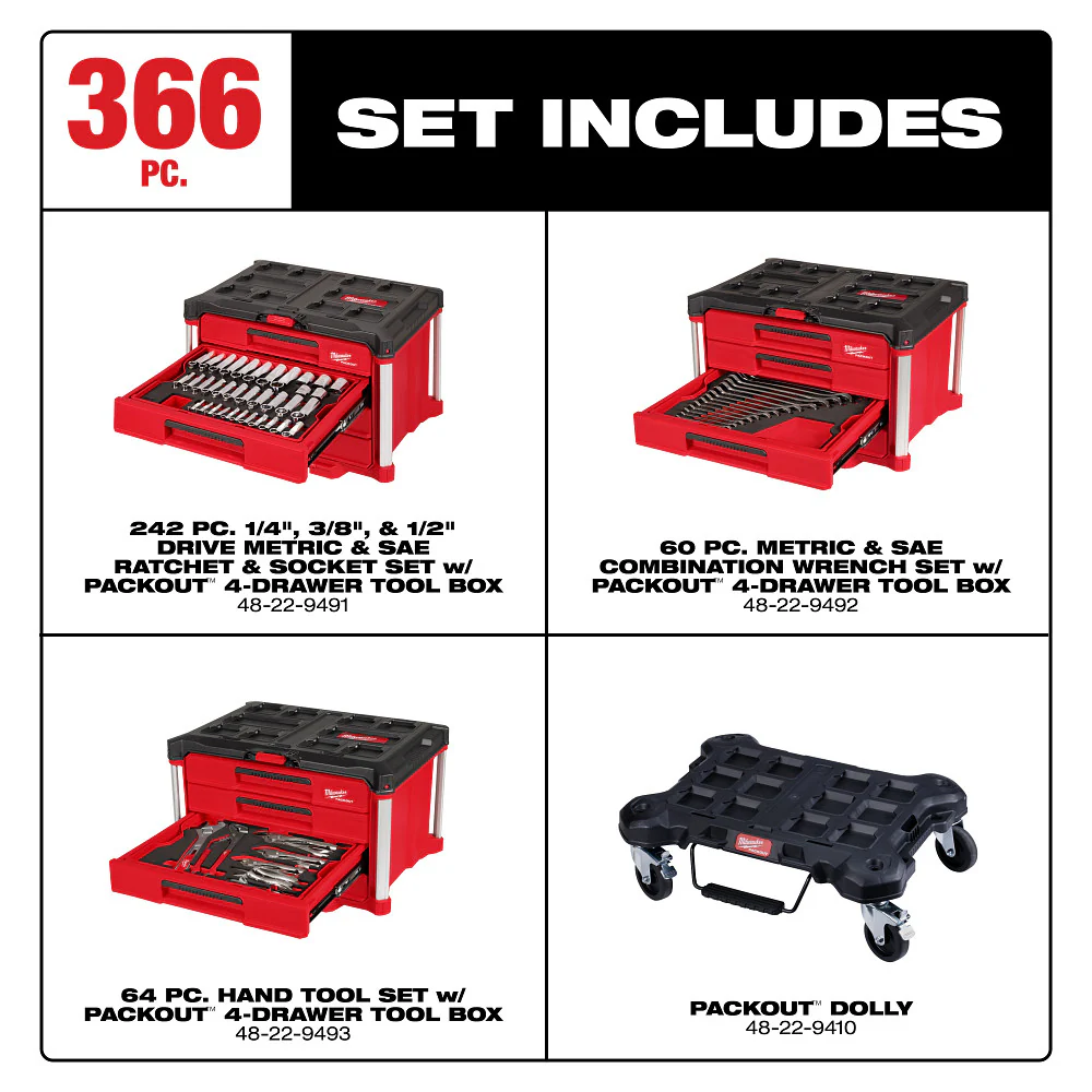 Milwaukee 366 pc. Master Mechanic's Hand Tool Set w/ PACKOUT Drawers & Dolly - Image 3