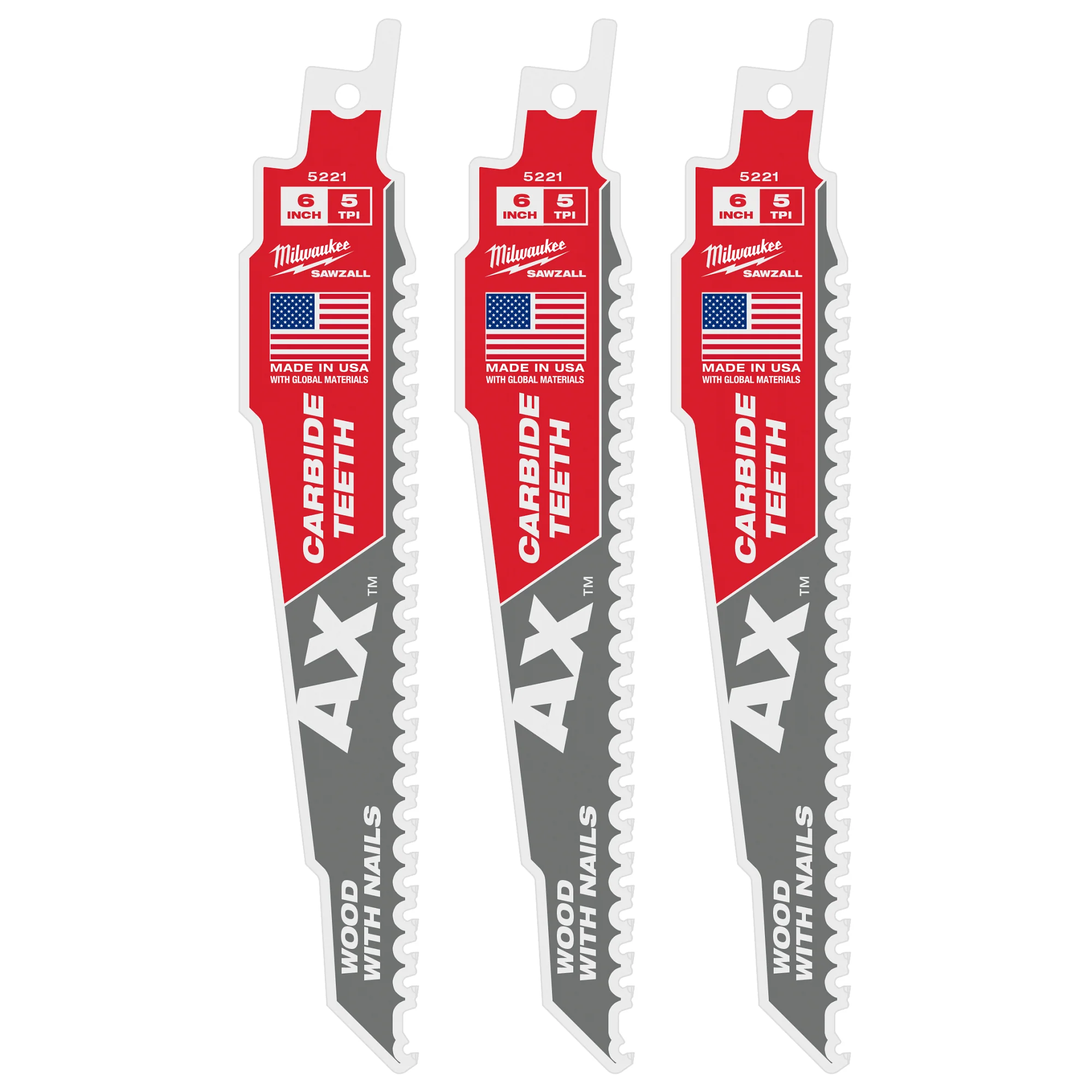 Milwaukee 5 TPI AX w/ Carbide Teeth SAWZALL Blade for Wood w/ Nails
