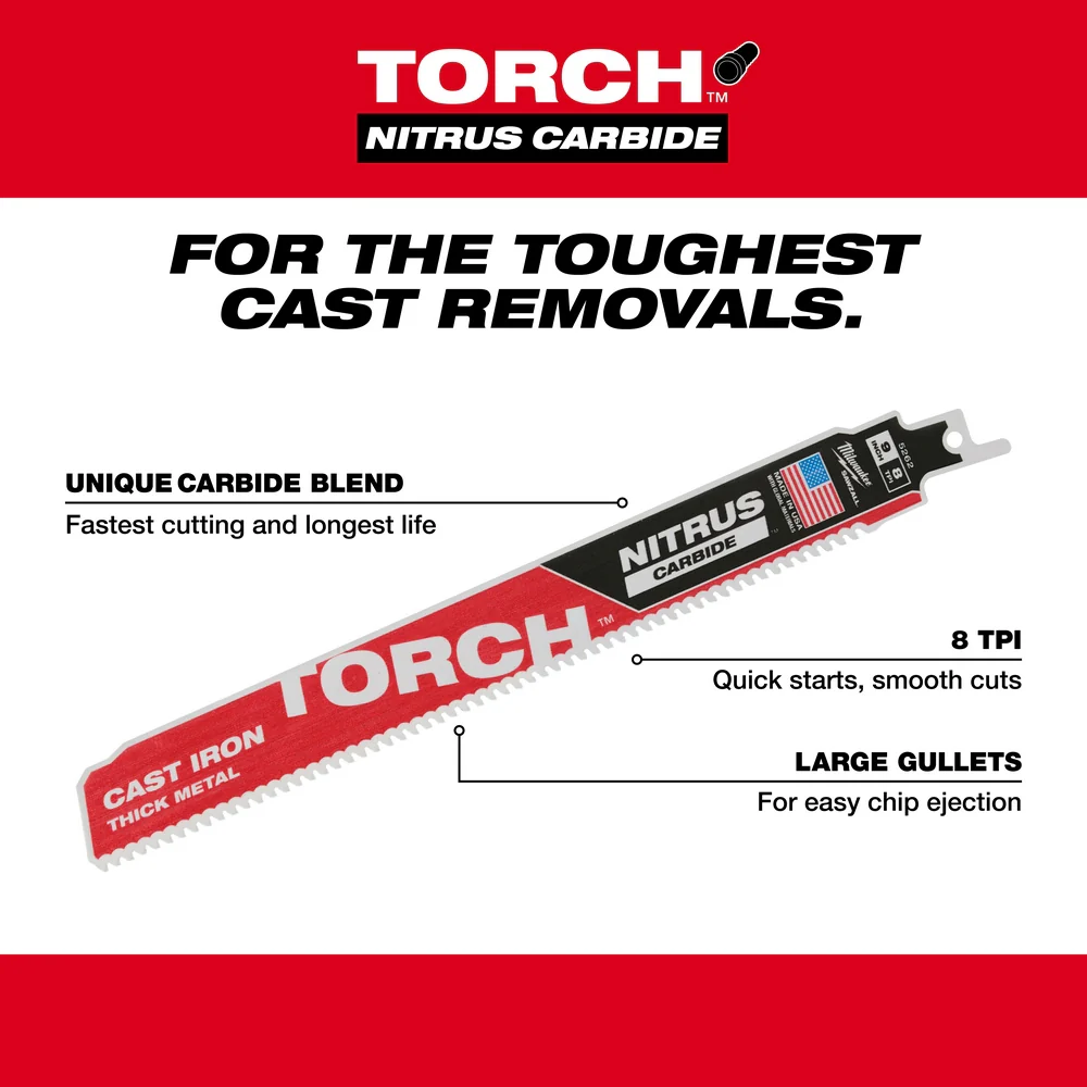 Milwaukee 8 TPI TORCH w/ NITRUS Carbide SAWZALL Blade for Cast Iron - Image 4
