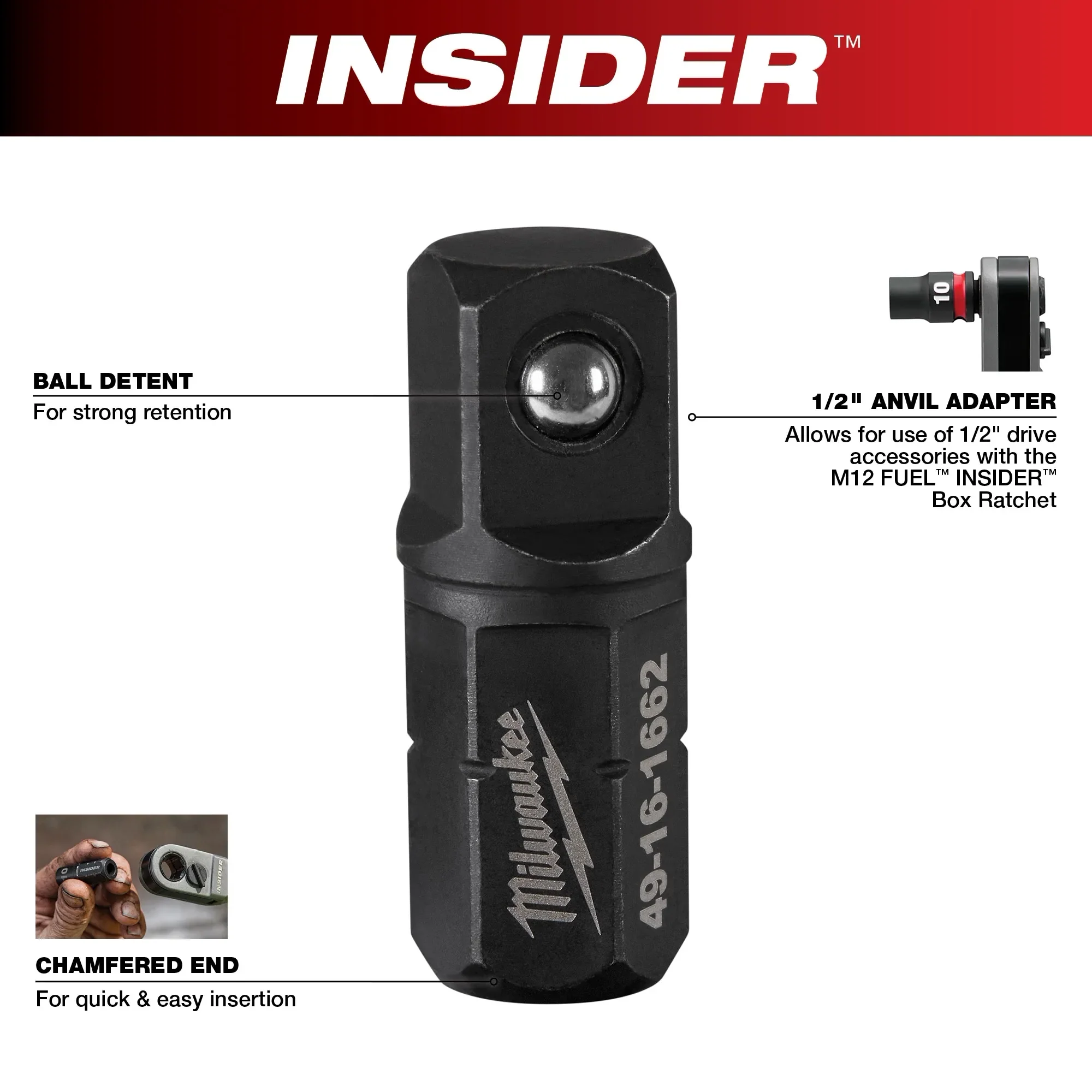 Milwaukee INSIDER™ Box Ratchet 1/2" Anvil Adapter - Image 3