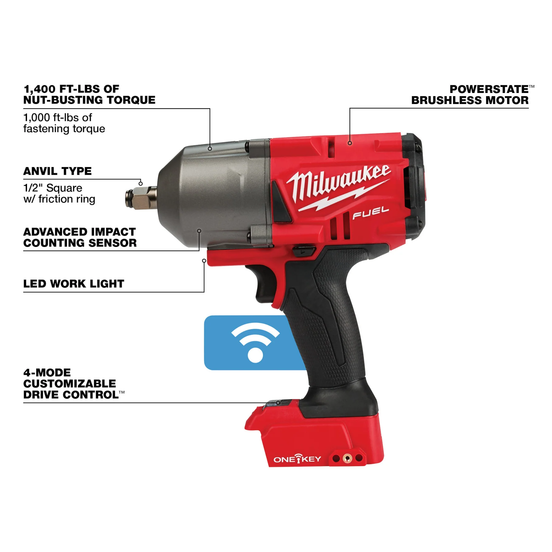 Milwaukee M18 FUEL High Torque 1/2" Impact Wrench Friction Ring w/ ONE-KEY - Tool Only - Image 6