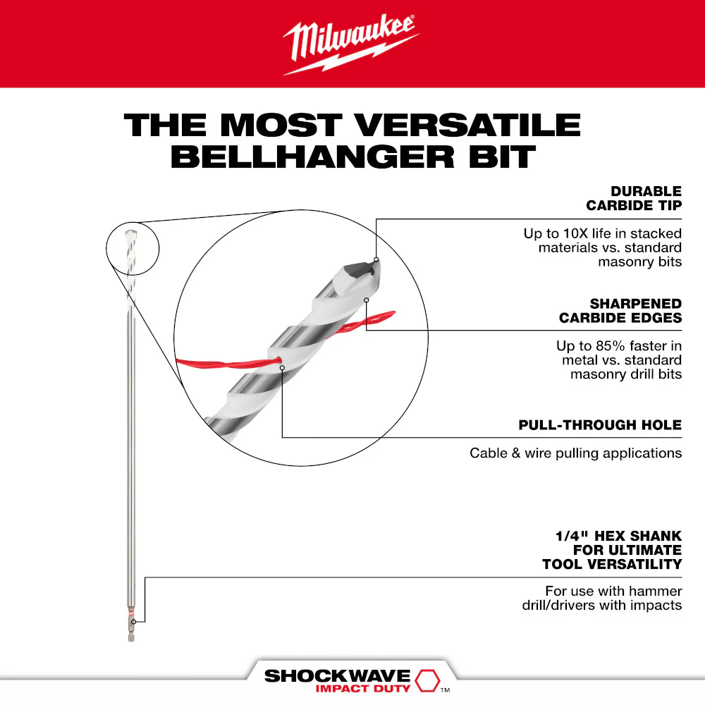 Milwaukee SHOCKWAVE Carbide Bellhanger Multi-Material Bit - 16" x 18" - Image 16