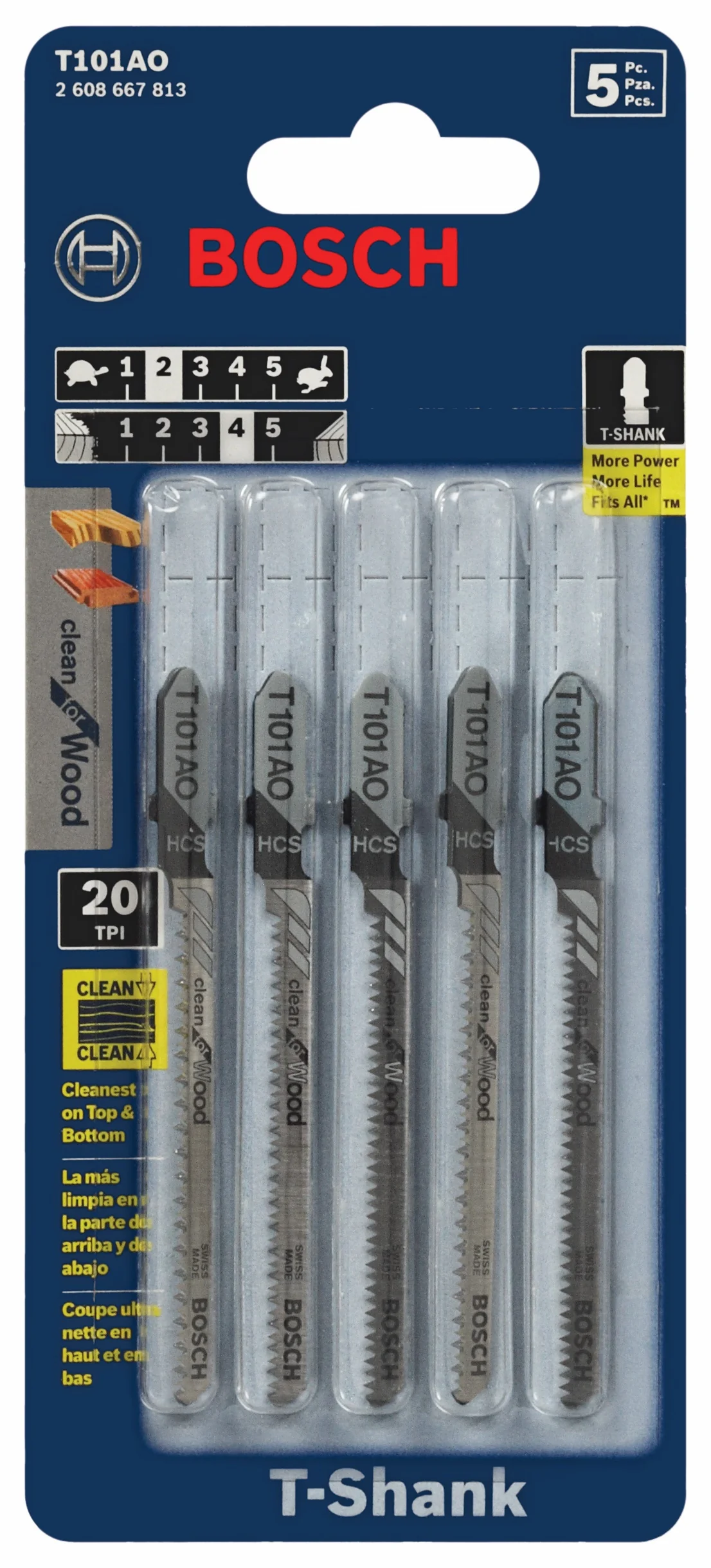 Bosch 5 pc. 3-1/4" 20 TPI Clean For Wood T-Shank Jig Saw Blades