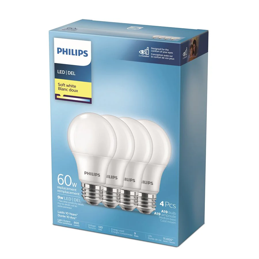 Philips 4Pk A19 LED Light Bulb Soft White 9W